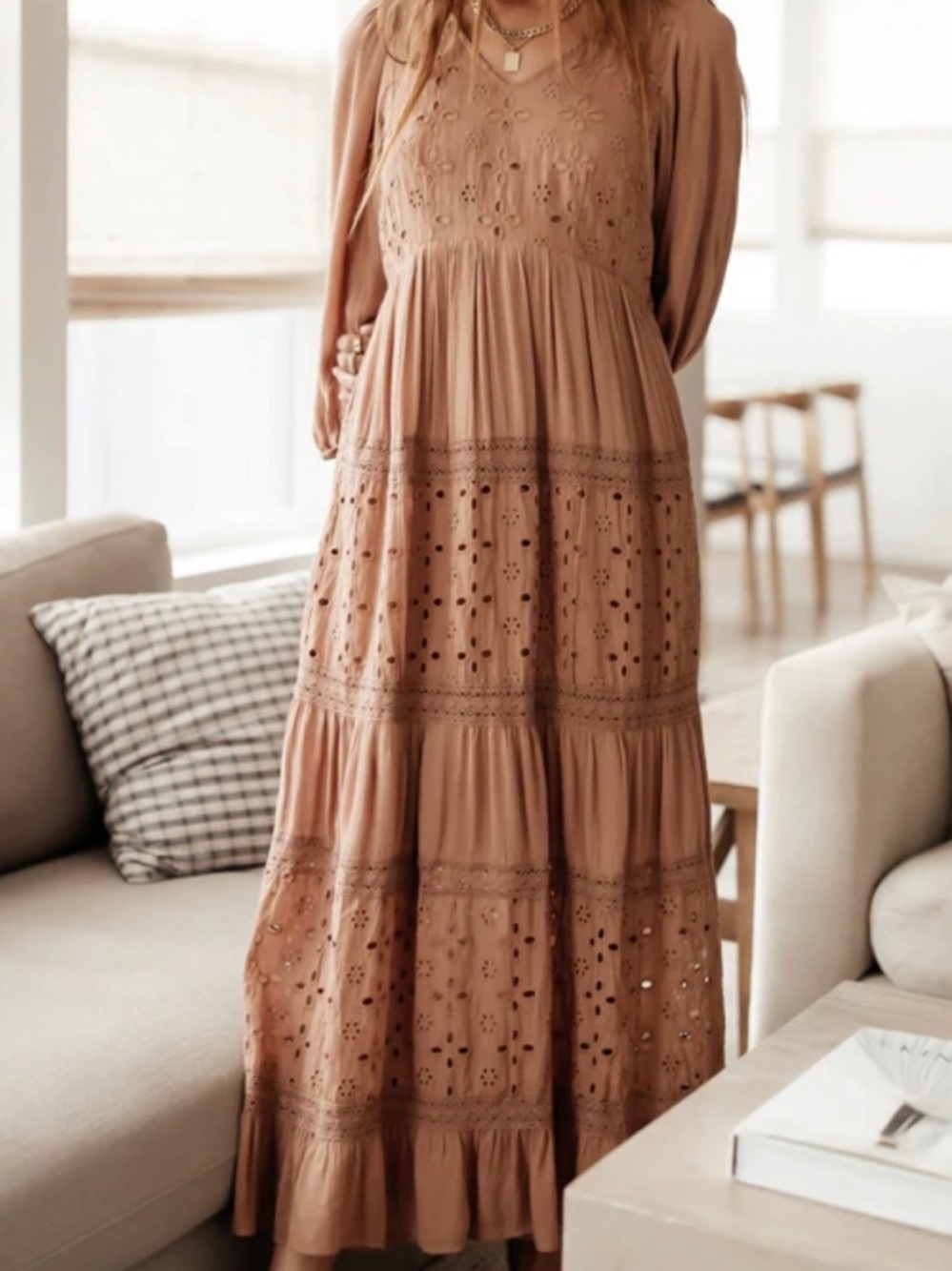 Bohme Blush Clay Floral Eyelet Tiered Boho Maxi Dress Small